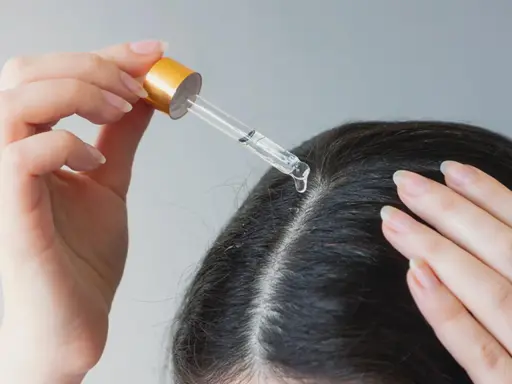 Eine Hand trägt mit einer Pipette Öl auf die Kopfhaut auf, um trockene Kopfhaut mit Hausmitteln zu behandeln.