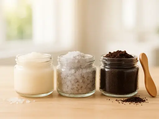 Drei Gläser mit Zutaten für ein Peeling selber machen trockene Haut: eine cremige Masse, Salzkristalle und Kaffeesatz.