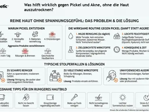 Sanfte Reinigung, leichte Feuchtigkeit und gezielte Wirkstoffe helfen gegen Pickel, ohne die Haut auszutrocknen. Vermeide aggressive Produkte und unhygienisches Ausdrücken.