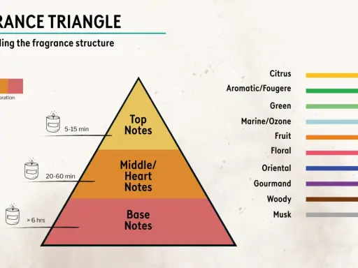 Duftpyramide: Kopfnote (5-15 Min.), Herznote (20-60 Min.) und Basisnote (> 6 Std.). Zeigt Duftnoten von Zitrus bis Moschus.