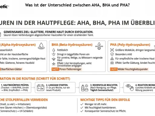 Infografik erklärt AHA, BHA, PHA Säuren für die Hautpflege. AHA für Oberflächenglätte, BHA für Poren-Tiefenreinigung, PHA als milder Feuchtigkeitsspender. Aha, bha, pha – die richtige Wahl für strahlende Haut.