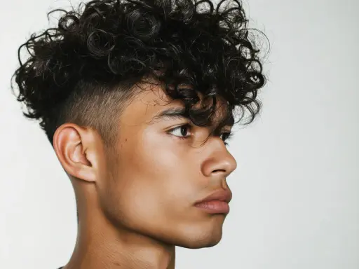 Ein junger Mann mit vollen, dunklen locken haare jungs. Sein Haar ist oben länger und lockig, während die Seiten kurz geschnitten sind.