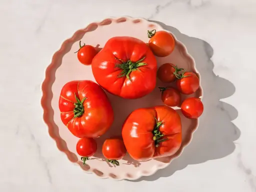 Frische Tomaten auf rosa Teller. Tomatensaft Wirkung Haut: Lycopin für jugendliche Haut.