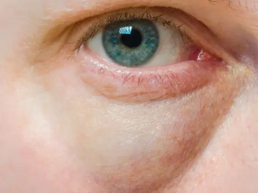 Nahaufnahme eines blauen Auges mit deutlichen gelben Augenringen, die auf Müdigkeit oder eine Verletzung hindeuten.