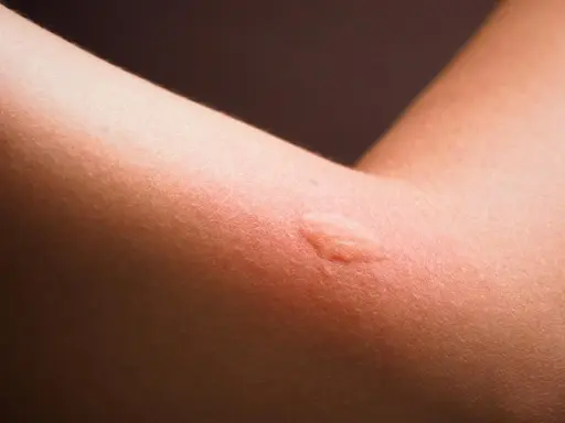 Rote, geschwollene Stelle am Arm, die auf eine panthenol allergie hindeuten könnte.
