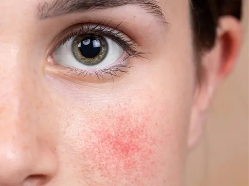 Nahaufnahme eines Gesichts mit geröteter Haut um das Auge, Anzeichen von periorbitaler Dermatitis.