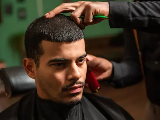 Ein Mann bekommt einen **langer buzz cut** beim Friseur. Die Haare werden mit einer Schere und einem Trimmer in Form gebracht.
