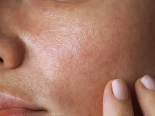 Nahaufnahme der Haut mit sichtbaren Poren und Rötungen. Eine Hand berührt sanft die Wange, als ob sie die Talgproduktion reduzieren möchte.
