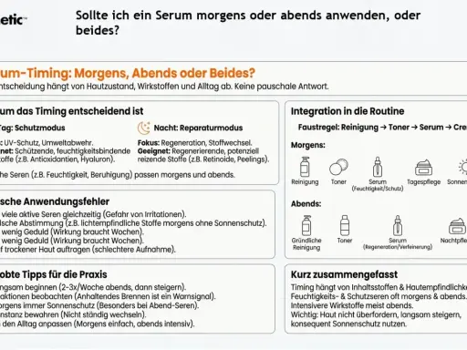 Hyaluron Serum morgens oder abends? Feuchtigkeits- und Schutzseren passen oft morgens und abends. Intensivere Wirkstoffe meist abends.