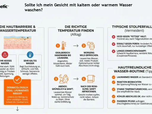 Lauwarmes Wasser ist ideal zum Gesicht reinigen. Es schont die Hautbarriere und unterstützt die Reinigung ohne Stress.