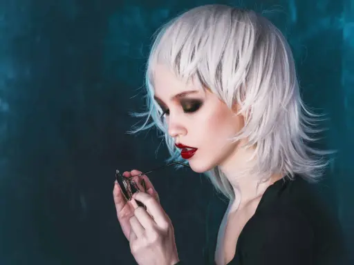 Stylische Dame mit weißem Wolfcut, dunklem Lidschatten und roten Lippen hält eine Brille.