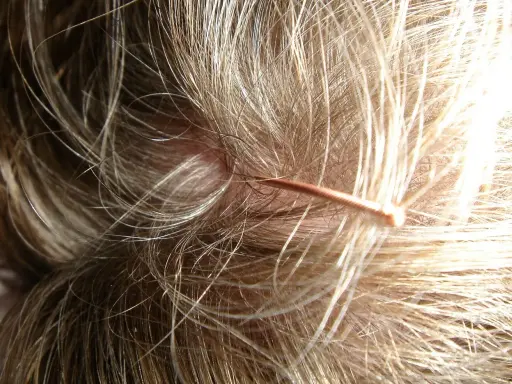 Nahaufnahme einer juckenden Kopfhaut mit feinen Haaren und einer dünnen, kupferfarbenen Haarschnecke.