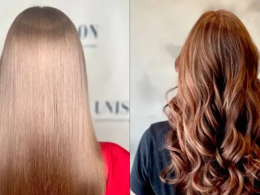 Vorher-Nachher-Vergleich: Glattes, hellbraunes Haar wird zu voluminösen, kupferfarbenen Wellen. Was ist Glossing? Ein Hauch von Farbe und Glanz.