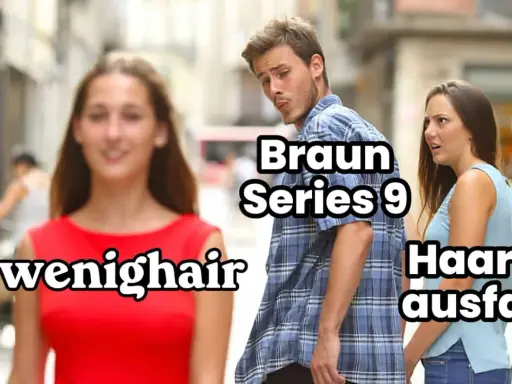 Mann schaut Frau mit "wenighair" an, während seine Freundin mit "Haarausfall" und dem Braun Series 9 Rasierer unzufrieden ist.