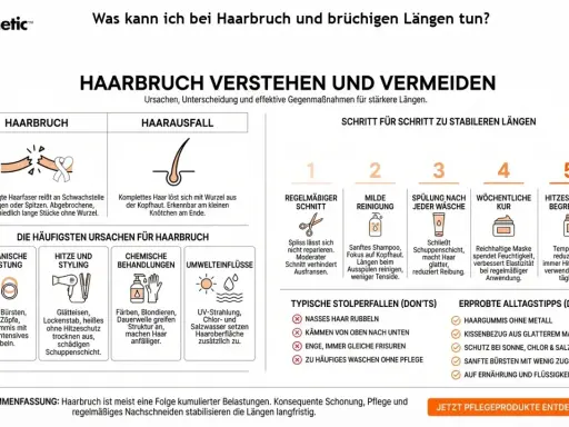 Was tun bei Haarbruch? Die Grafik erklärt Ursachen wie mechanische Belastung und Hitze, sowie Schritte zur Stabilisierung: regelmäßiger Schnitt, milde Reinigung, Spülung, Kur und Hitzeschutz.