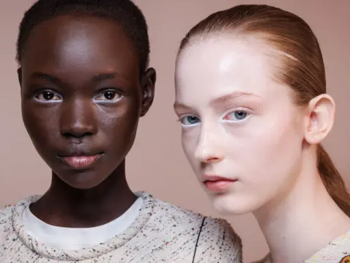 Zwei Models mit weißem Lidstrich. Die Haut der einen ist dunkel, die andere ist hellhäutig. Die rosenwasser wirkung auf der Haut ist sichtbar.