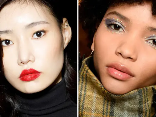 Zwei Gesichter: Einmal mit klassischem roten Lippenstift, einmal mit funkelndem Lidschatten und Steinchen. Perfekt für weihnachts make up einfach.