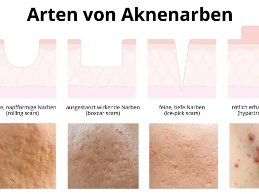 Illustrationen zeigen verschiedene Arten von Aknenarben: rollende, ausgestanzte, eisgepickte und erhabene Narben. Diese sind oft das Ergebnis von Pickelmalen.