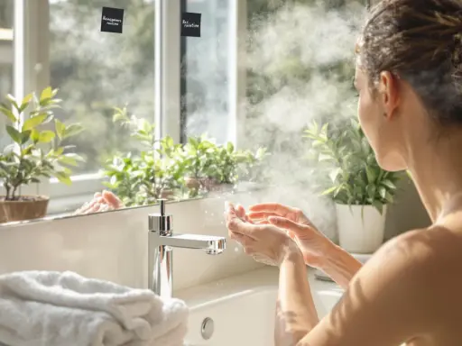 Frau besprüht Hände mit Wasser. Die Frage "wie oft Gesicht waschen" steht auf einem Zettel am Spiegel.