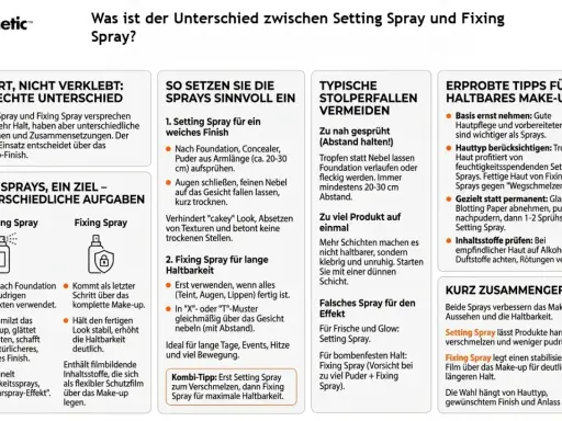 Was ist ein Setting Spray? Es verschmilzt Make-up, glättet Schichten und sorgt für ein weicheres Finish. Perfekt für Frische und Glow.