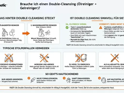 Double Cleansing: Ölreiniger löst Fett, Wasserreiniger entfernt Wasserlösliches. Sinnvoll bei Make-up & Sonnenschutz. Vorsicht bei empfindlicher Haut.