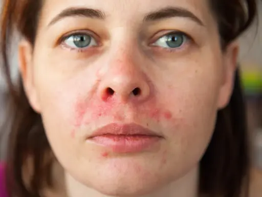 Nahaufnahme eines Gesichts mit perioraler Dermatitis, die sich durch Rötungen und Schuppen um Mund und Nase zeigt.