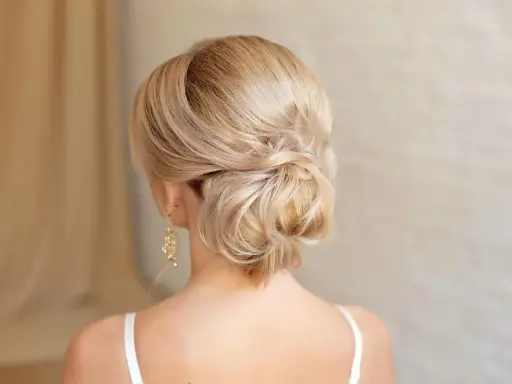 Elegante chignon frisur mit blondem Haar, kunstvoll zu einem tiefen Knoten gedreht.