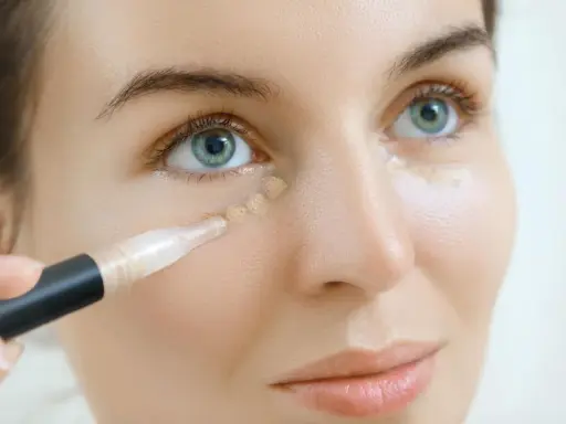 Frauenhand trägt Concealer auf, um Falten zu kaschieren. So gelingt das Concealer richtig auftragen bei Falten.
