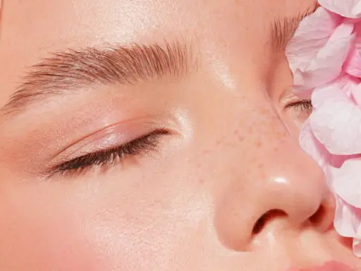 Sanftes Tages Make-up mit rosafarbenen Blütenblättern, die das Gesicht einer Frau zieren.