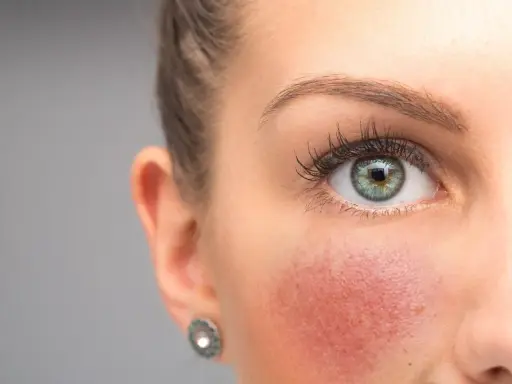 Nahaufnahme eines Gesichts mit geröteten Wangen. Tipps zur **Rosacea vorbeugen** helfen, die Haut zu beruhigen.