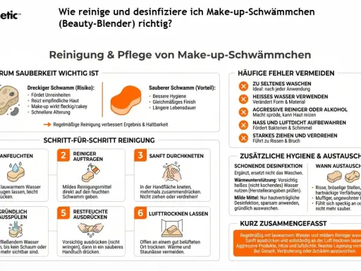 Schritt-für-Schritt-Anleitung: Make-up-Schwamm reinigen. Lauwarmes Wasser, mildes Mittel, sanft kneten, ausdrücken, lufttrocknen lassen.