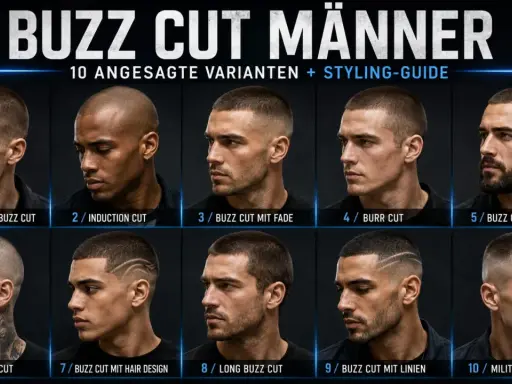 Zehn Männer mit verschiedenen Buzz Cut Frisuren, von kurz bis etwas länger, wie dem "Long Buzz Cut".