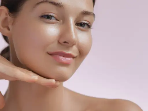 Ein Gesicht mit strahlendem, glowy Make-up und einem sanften Lächeln, die Hand berührt das Kinn.