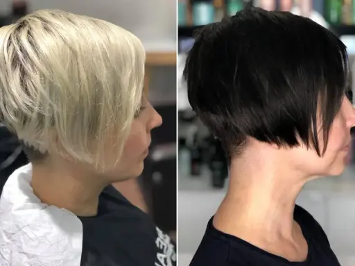 Zwei Frauen mit modernen kurzhaarfrisuren, einmal blond, einmal schwarz.