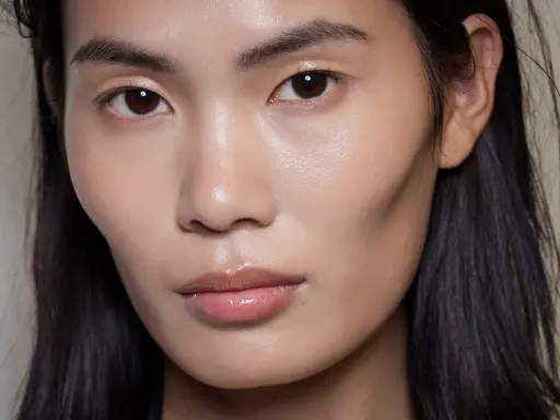 Ein Gesicht mit makellosem Teint und glänzenden Lippen. Das Make-up ist dezent, aber wirkungsvoll.