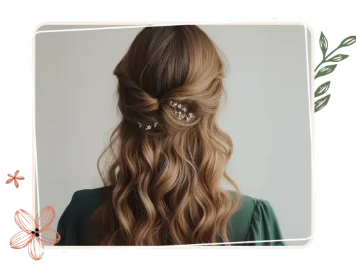 Elegante Frisur für Hochzeitsgäste: Halbhochgestecktes Haar mit sanften Wellen und zarten Blüten-Haarnadeln.