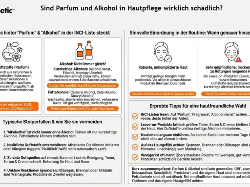 Alkohol denat. gut oder schlecht? Kurzkettige Alkohole können reizen, Fettalkohole sind oft unkritisch. Bei empfindlicher Haut auf reizarme Optionen achten.
