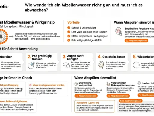 Mizellenwasser reinigt sanft durch Mikrokapseln. Es löst Schmutz & Make-up. Abspülen ist je nach Hauttyp sinnvoll.