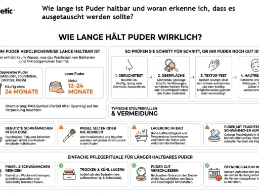Puder ist lange haltbar, wenn es trocken gelagert wird. So erkennst du, ob die Haltbarkeit von Kosmetik abgelaufen ist.
