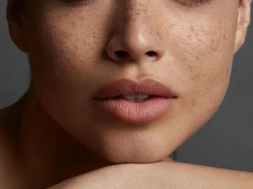 Nahaufnahme eines Gesichts mit Sommersprossen und perfekt geschminkten **Ombre Lippen**.