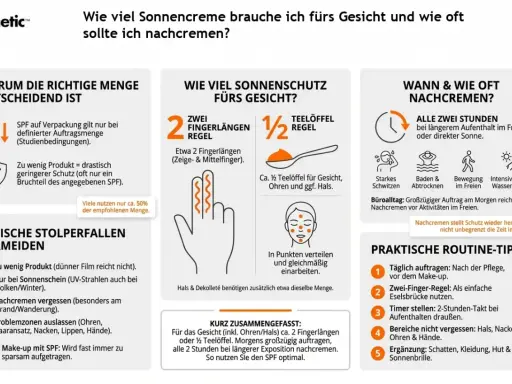 Die Grafik erklärt, wie viel Sonnencreme fürs Gesicht nötig ist: 2 Fingerlängen oder ½ Teelöffel. Regelmäßiges Nachcremen ist wichtig.