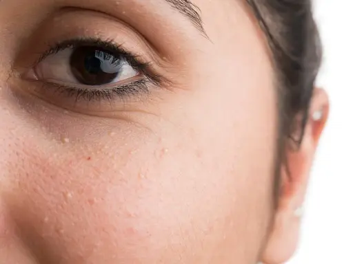 Nahaufnahme eines Gesichts mit sichtbaren Milien unter dem Auge.