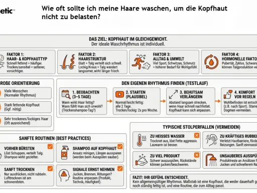 Die Grafik erklärt, wie oft Haare waschen, um die Kopfhaut nicht zu belasten. Sie berücksichtigt Faktoren wie Haartyp, Struktur, Alltag und Hormone.