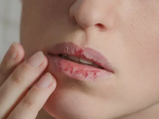Trockene, rissige Lippen, die fast platzen auf, werden von einer Hand berührt.