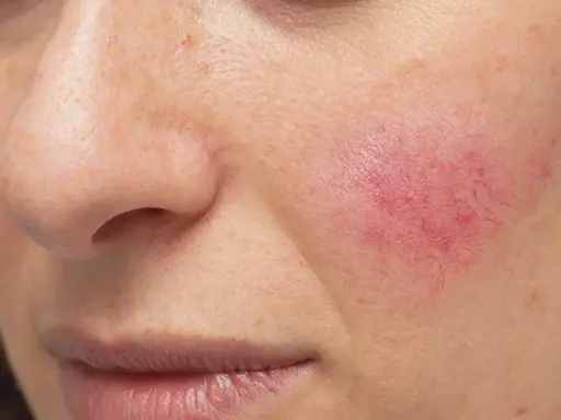 Rötung und Entzündung im Gesicht, Anzeichen einer Kontaktallergie.