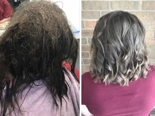 Vorher: stark verfilzte Haare. Nachher: glänzendes, gewelltes Haar.
