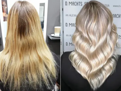 Vorher/Nachher: Blondierung mit Gelbstich korrigiert zu kühlem Blond.