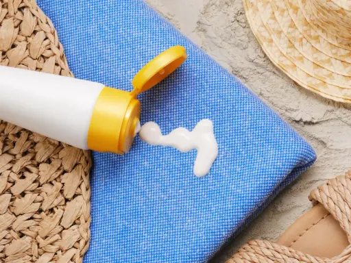 Sonnencreme-Flecken auf dem blauen Handtuch. Ein weißer Klecks Sonnencreme tropft aus einer Tube. Strandutensilien wie Hut und Sandalen liegen daneben.