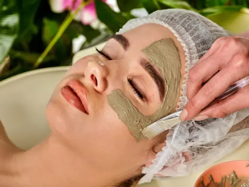 Eine Frau erhält eine Gesichtsmaske. Die heilerde-wirkung haut wird durch das Auftragen der Maske mit einem Pinsel gezeigt.