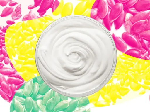 Cremige Textur einer leinsamen maske gesicht, umgeben von bunten Leinsamen in Pink, Gelb und Grün.